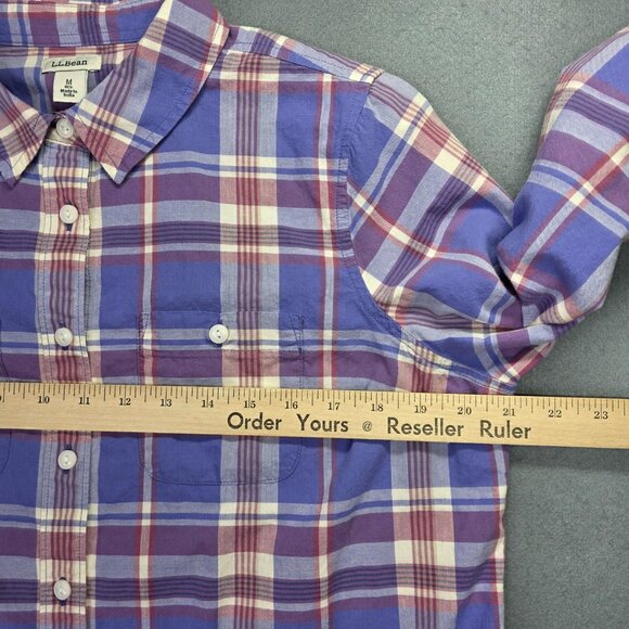 LL Bean Shirt Womens Medium Purple Pink Plaid Long Sleeve Cotton Classic Preppy - Picture 6 of 9